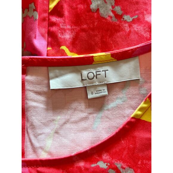LOFT Floral Print Peplum Cap Sleeve Bright Orange Pink Yellow Top Size 4 - Picture 3 of 8